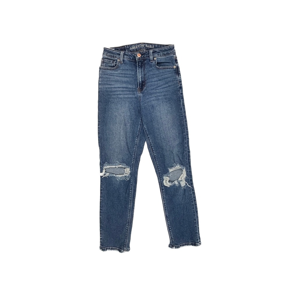 American Eagle Mom Jeans Womens 0 Blue Distressed Raw Hem High Rise Stretch